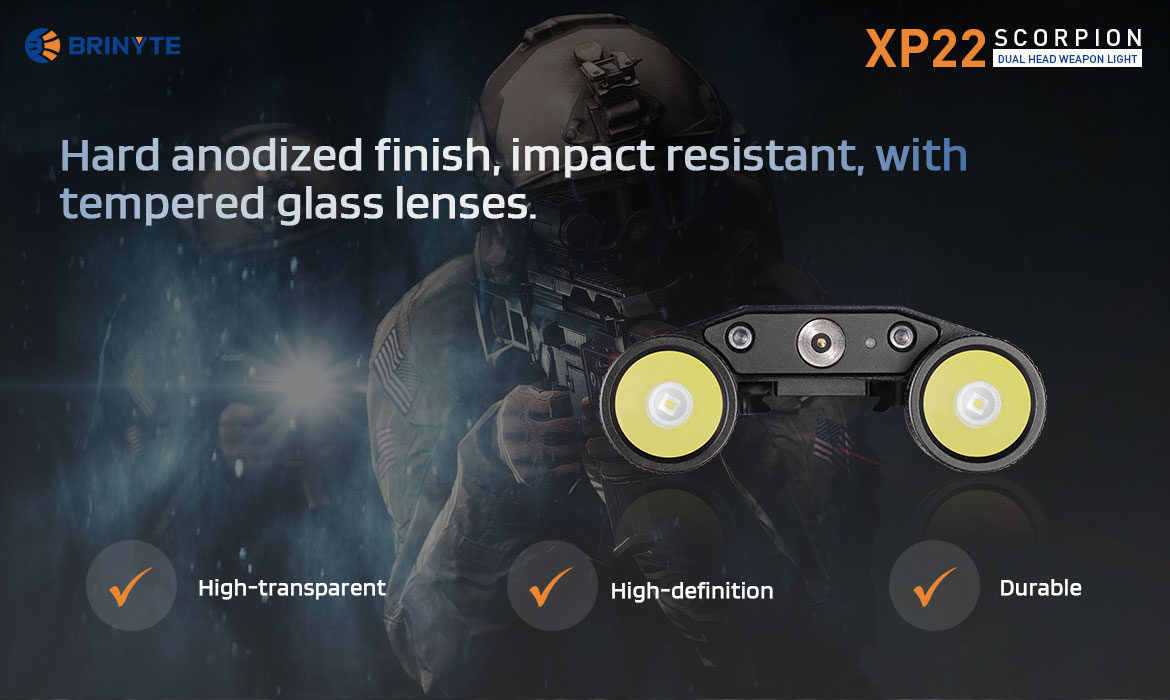 Brinyte XP22 Dual Head Gun Light hard anodized finish, impact resistant with tempered glass lenses 