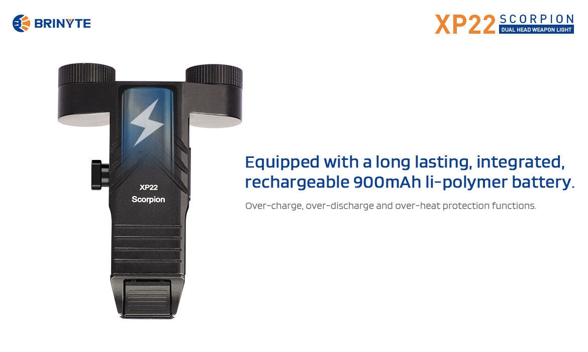 Brinyte XP22 Dual Head Gun Light Equipped with a long lasting, integrated rechargeable battery