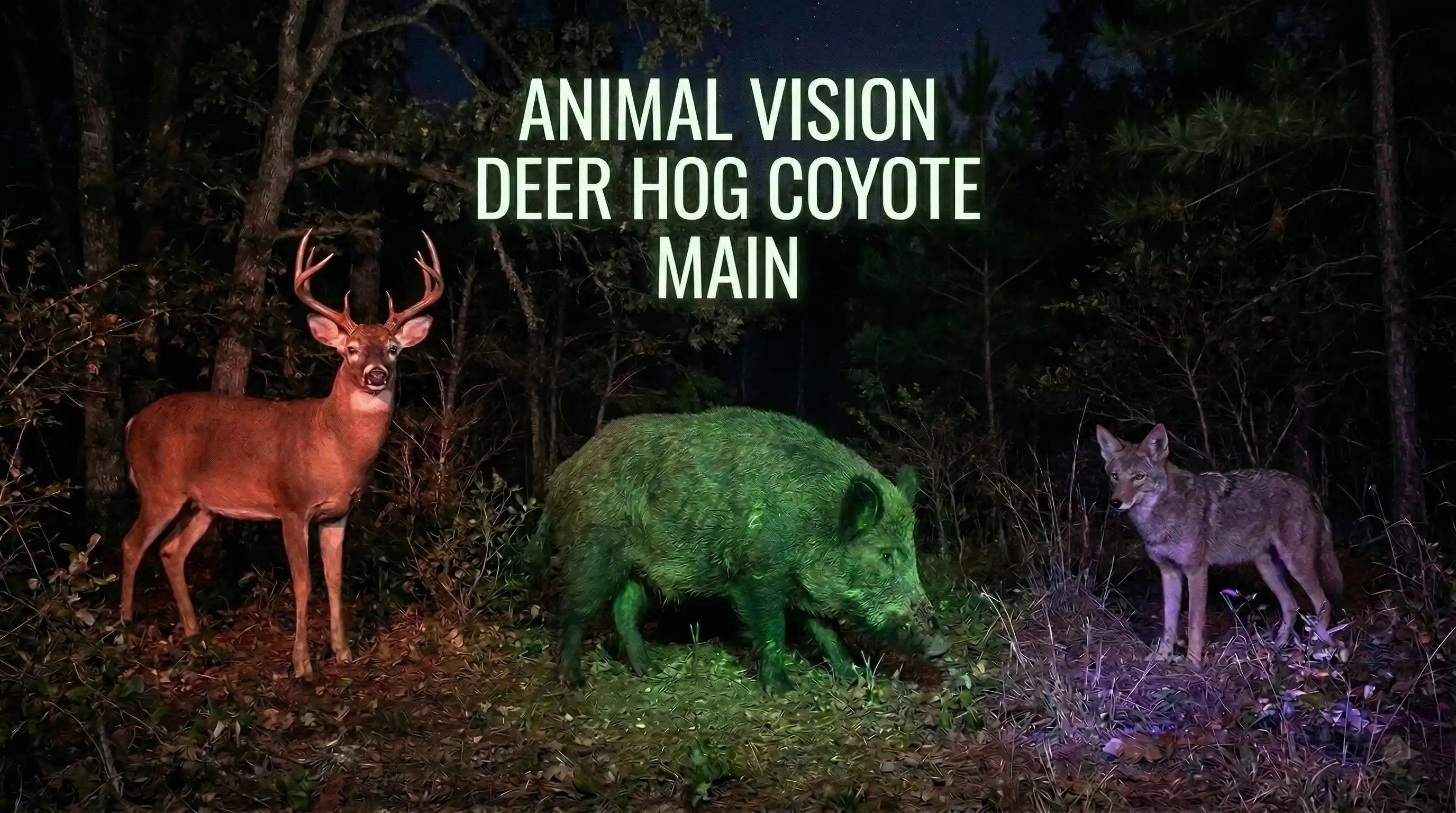 Whitetail deer, wild hog and coyote under different hunting light colors showing animal vision science