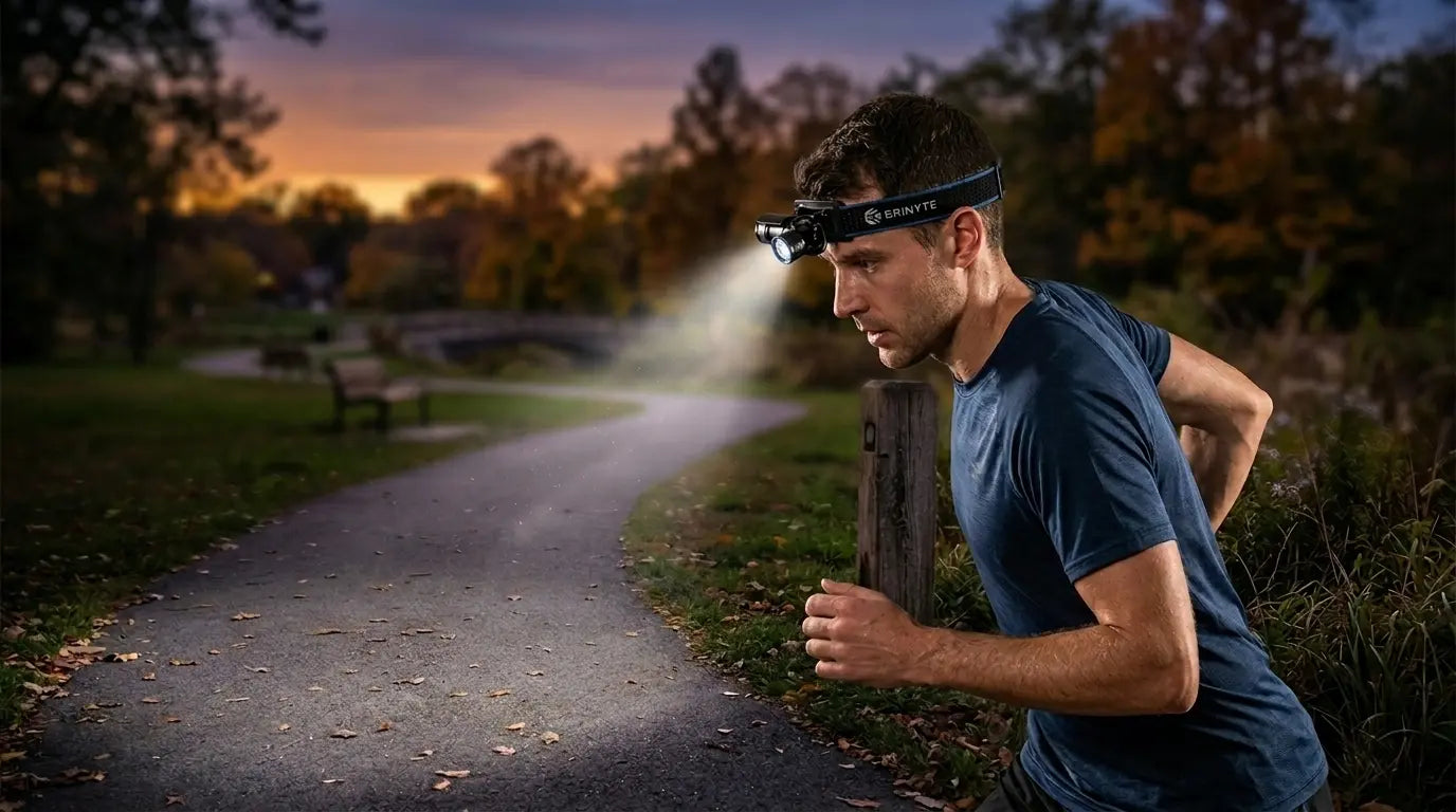 Runner wearing Brinyte HL16 headlamp on a park trail at dusk, beam illuminating the path ahead