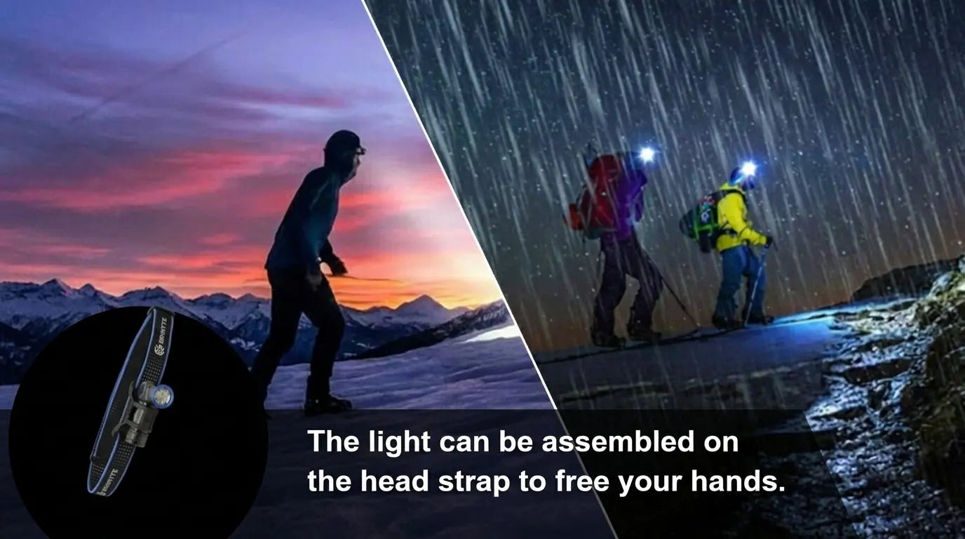Brinyte HL16 headlamp glowing on a wet camping table in the rain, demonstrating IP66 weather resistance