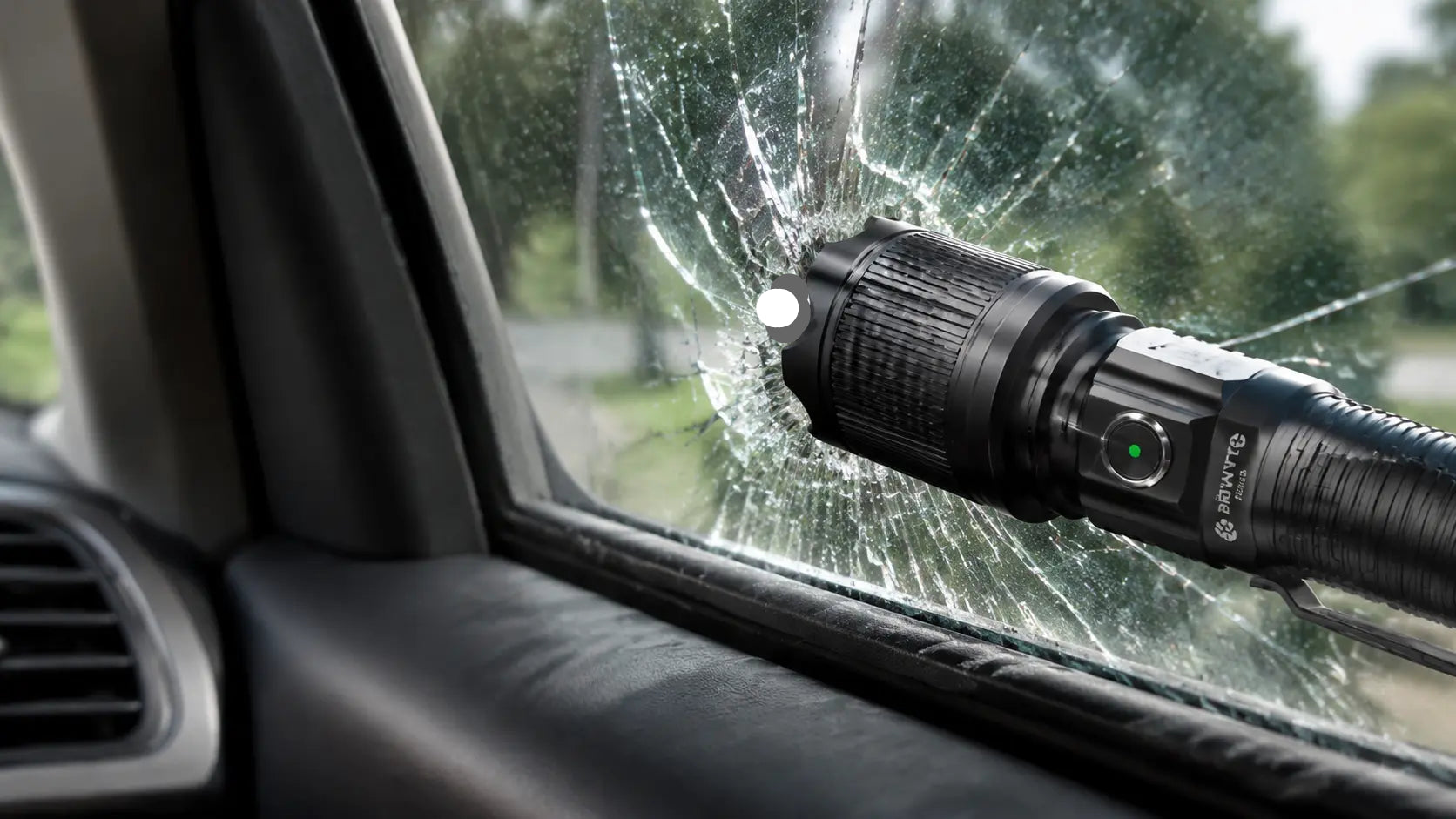 Close-up of a Brinyte PT16A strike bezel pressed against a car window edge, demonstrating emergency escape capability