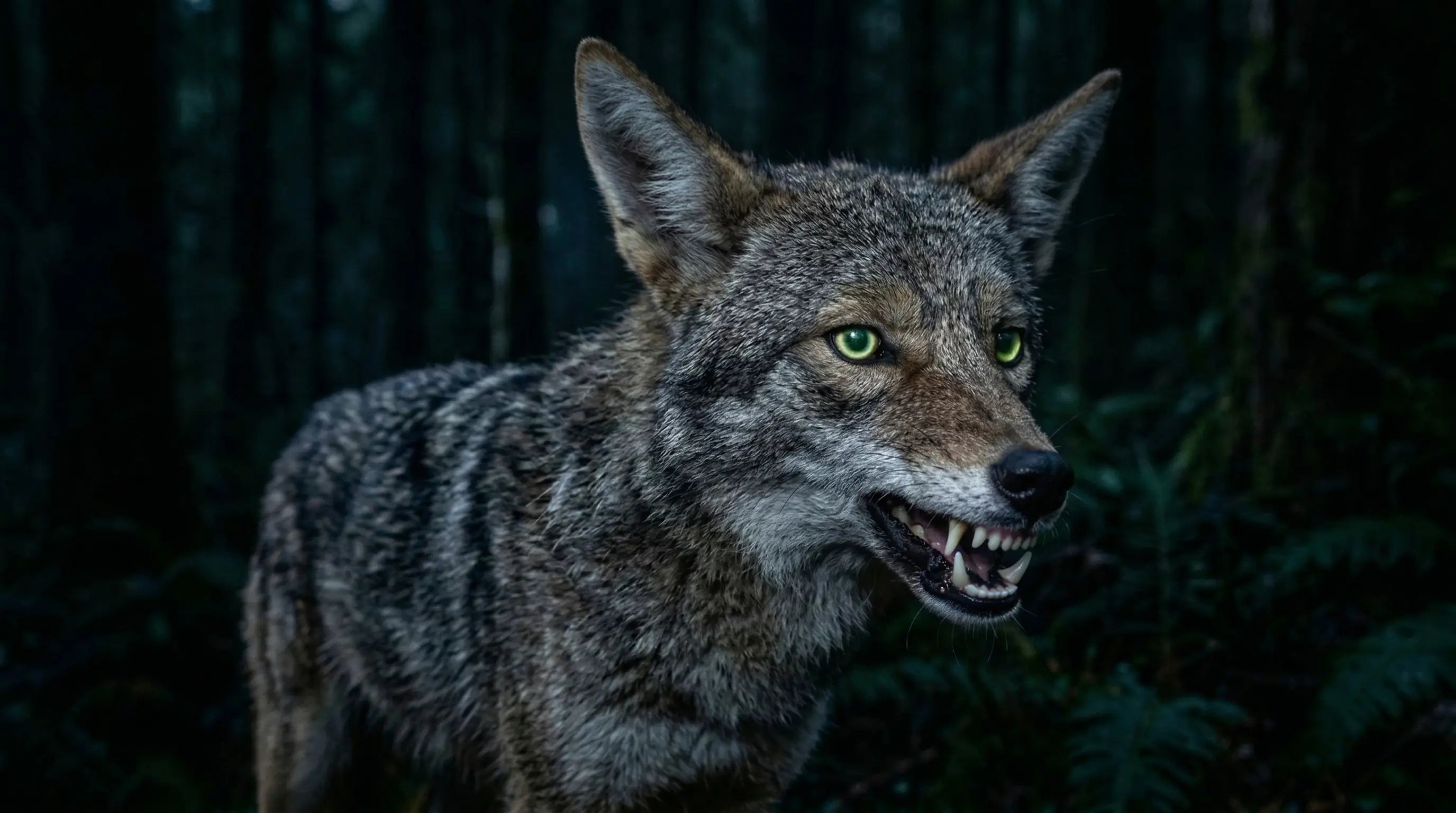 Coyote eyes at night showing tapetum lucidum reflection for exceptional night vision