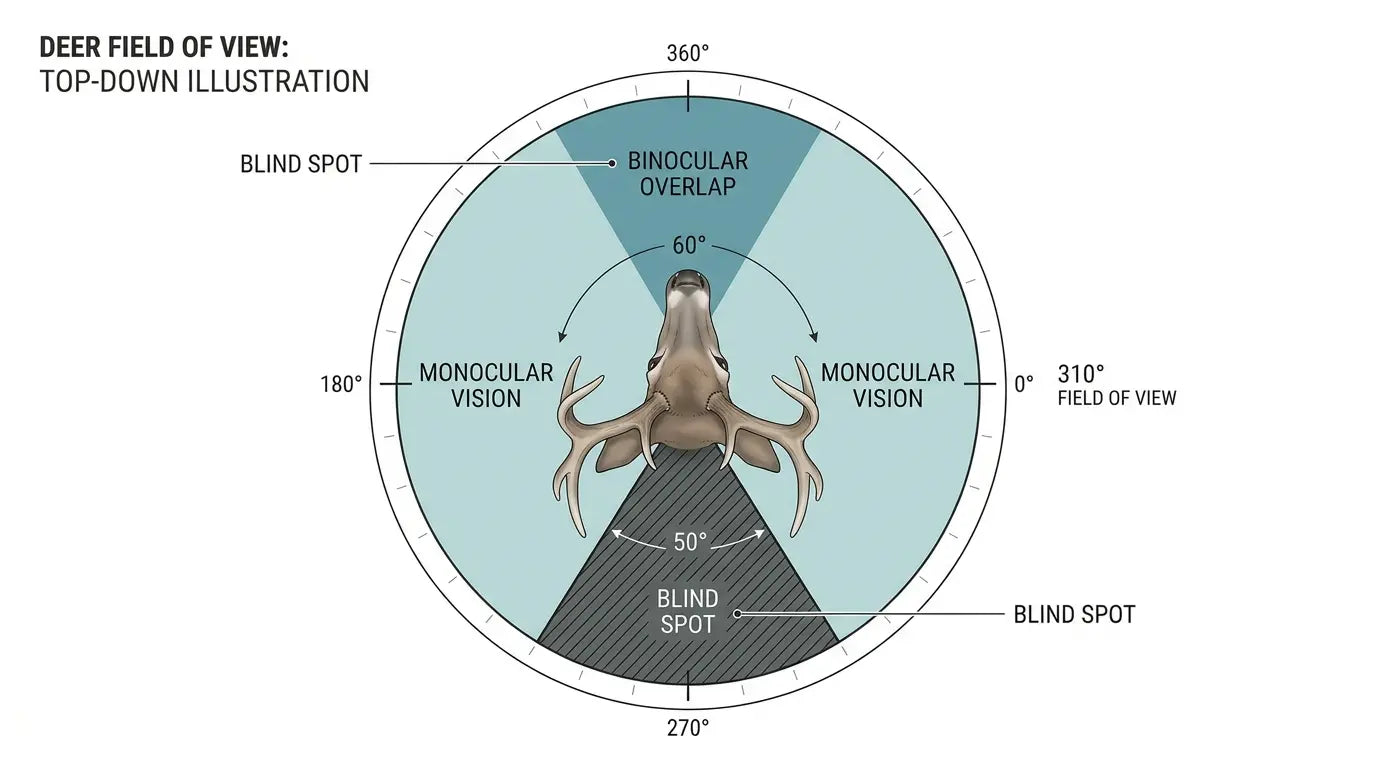 Deer eyesight field of view diagram showing 310-degree range and blind spot behind