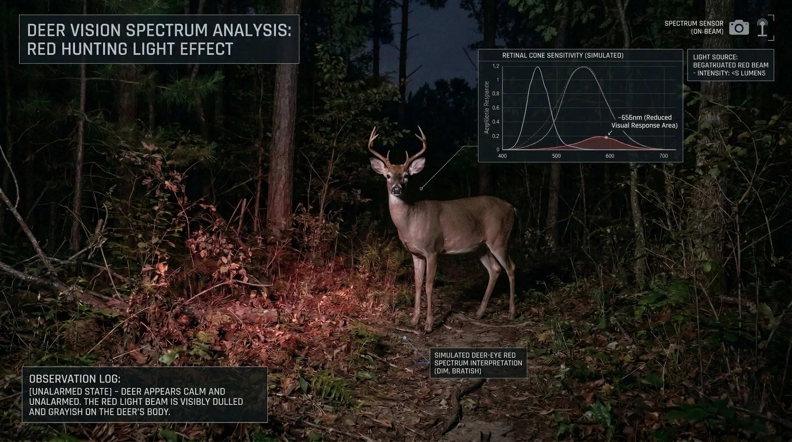 Whitetail deer under red hunting light showing how red appears dim and gray to deer vision