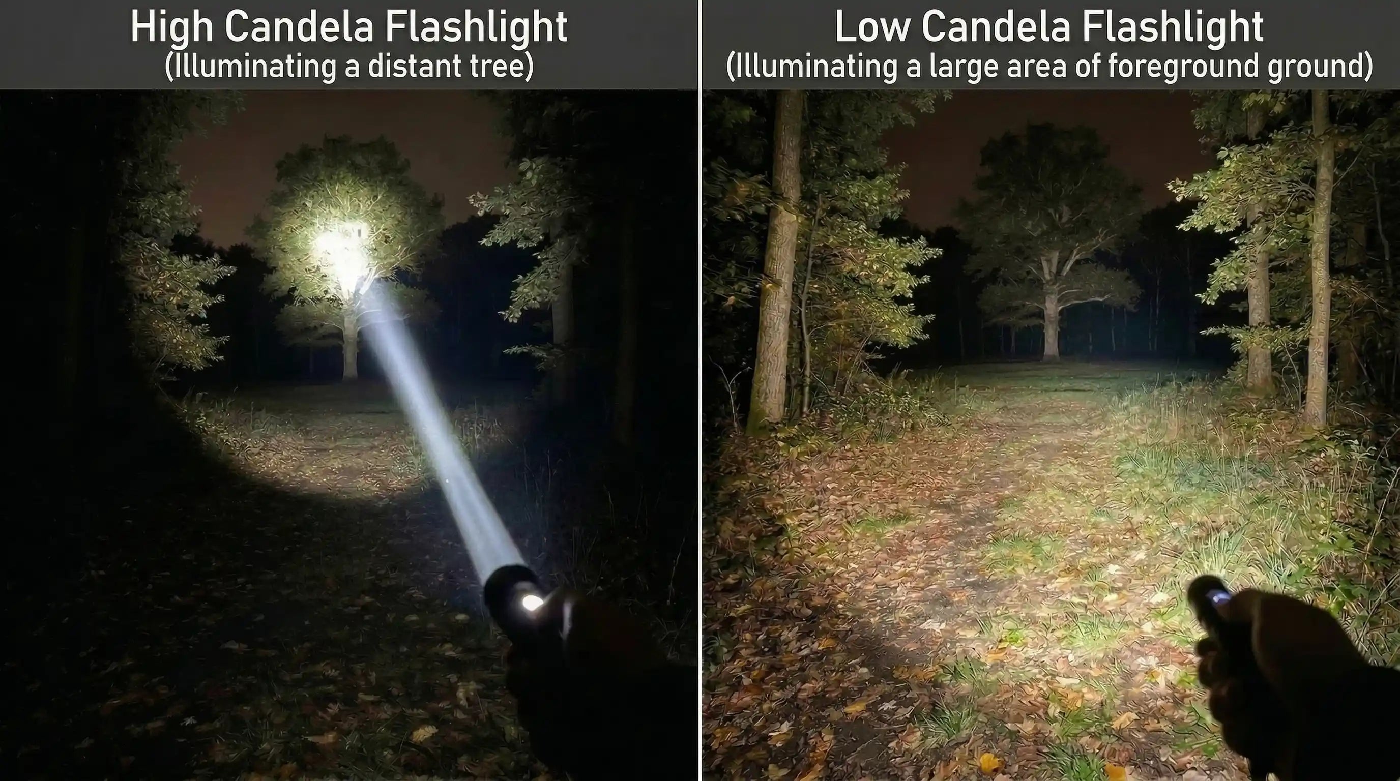 High candela versus low candela hunting flashlight beam comparison showing tight long-range spot versus wide flood