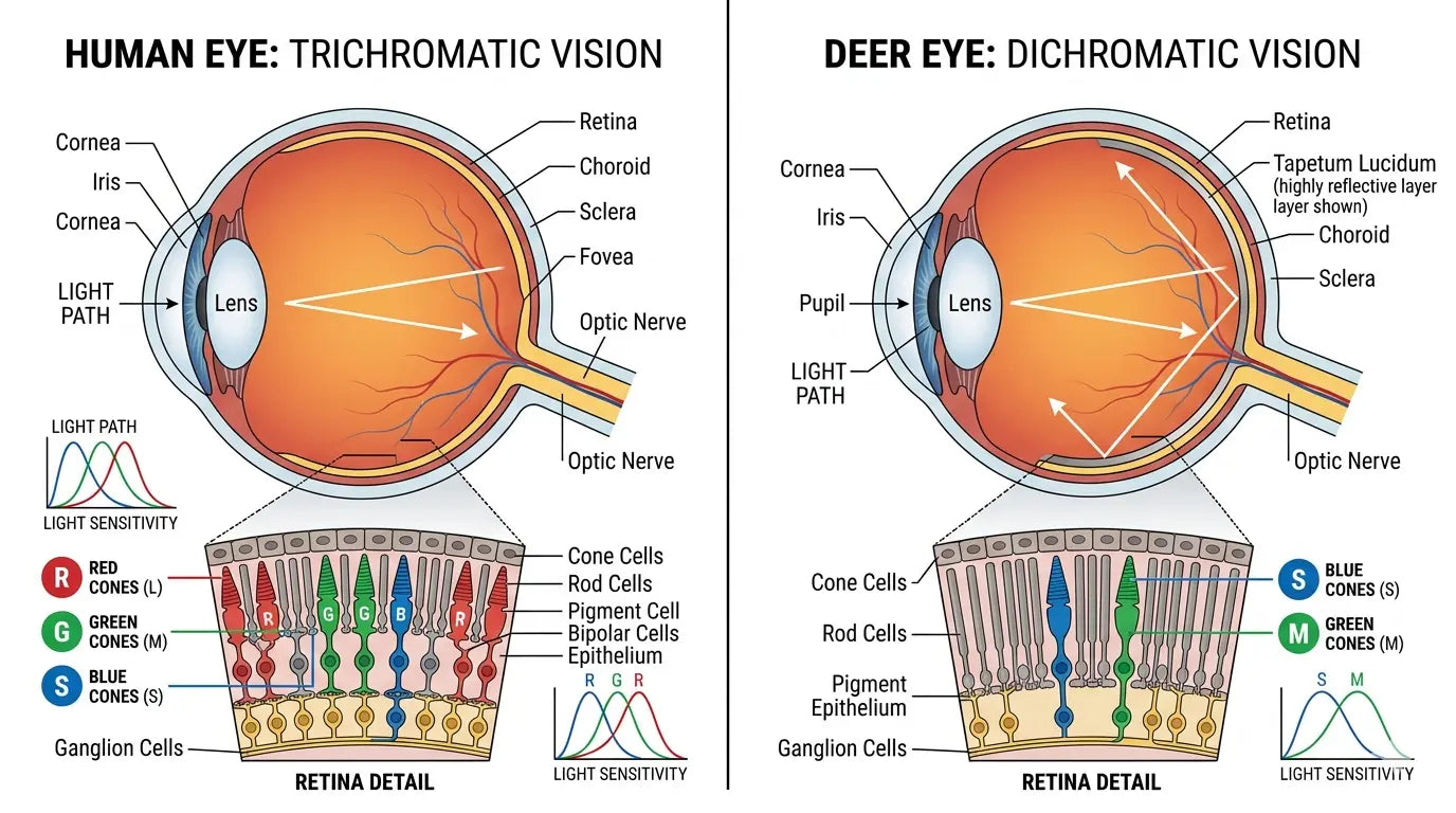 Human trichromatic vision vs deer dichromatic vision comparison showing how animals see fewer colors