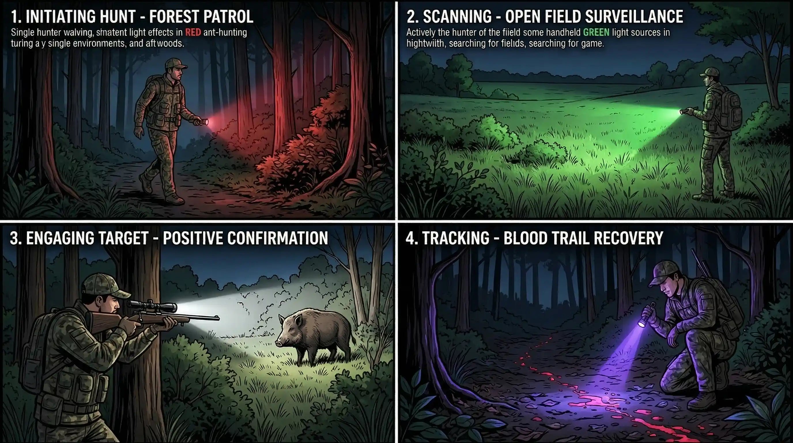 Hunting light phases from approach to tracking showing science-based color selection
