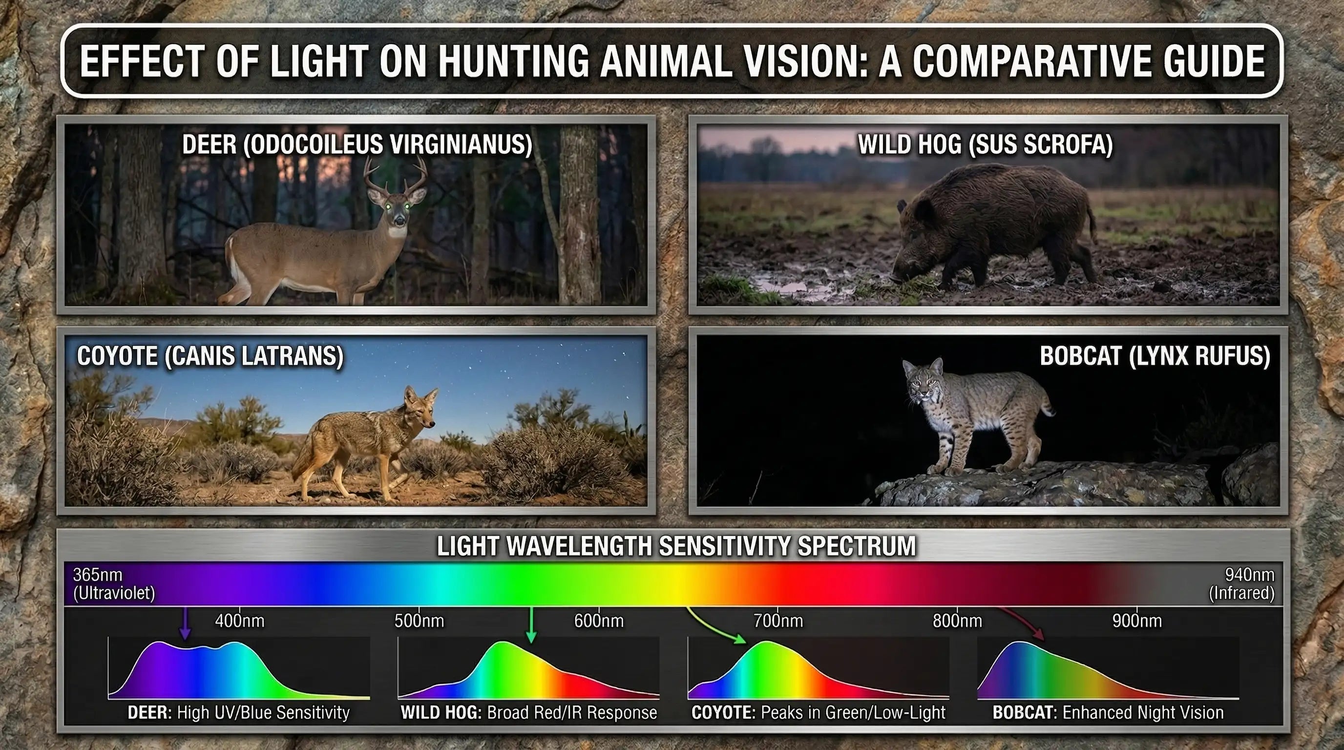 Hunting light wavelength chart showing animal visual sensitivity from UV to IR spectrum