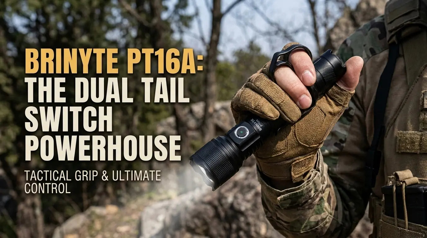 Brinyte PT16A 3000-lumen tactical flashlight under $100 — dual tail switches, Luminus SFT70 LED