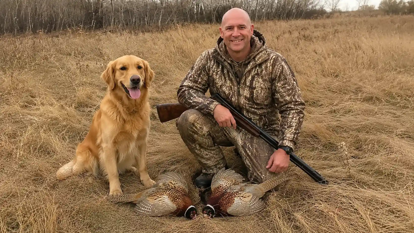 Sharp-tailed grouse hunting at sunrise — English Pointer locked on point in golden prairie grass, Buffalo Gap National Grassland, South Dakota