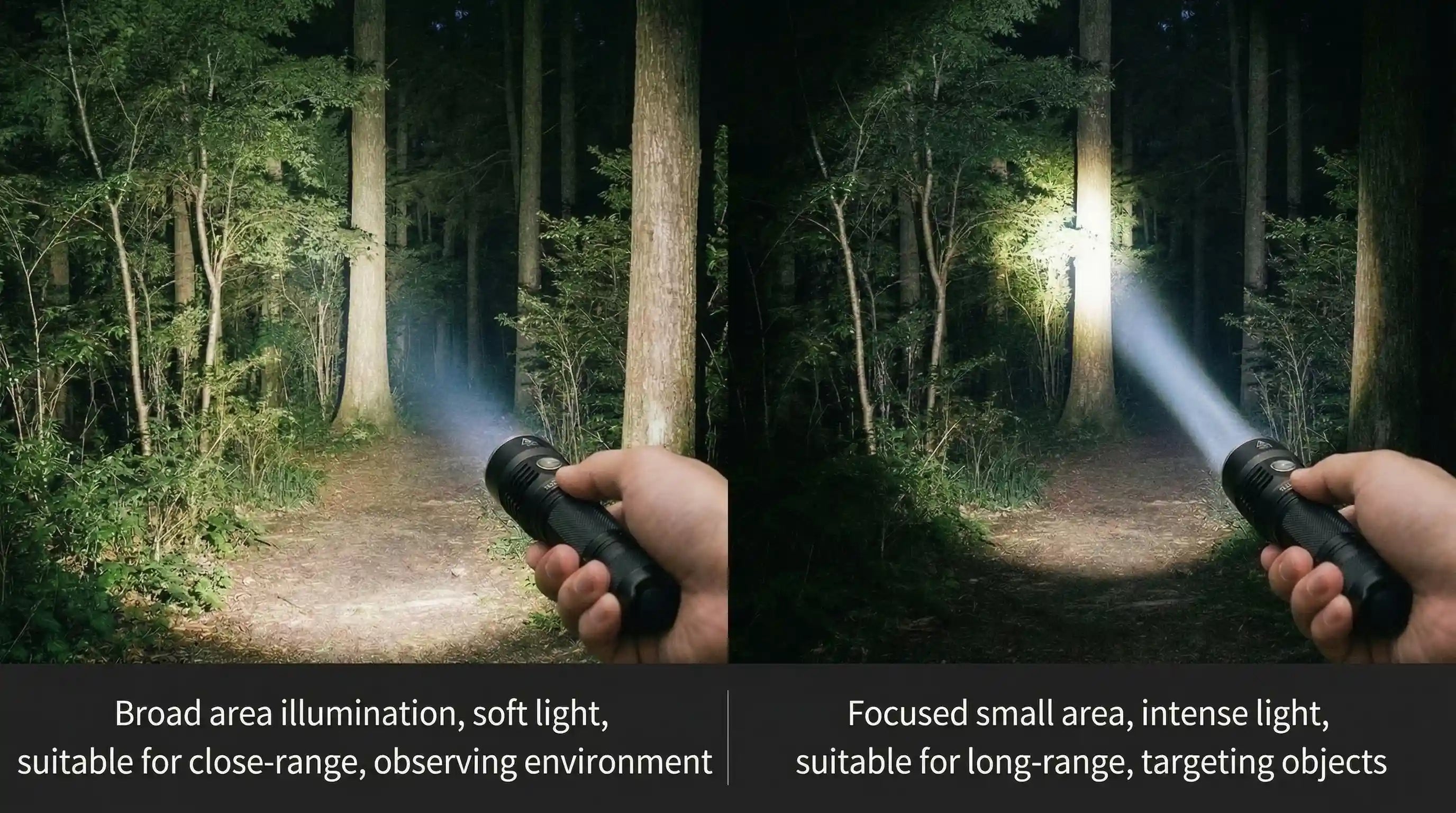 Spotlight versus floodlight hunting flashlight beam scene applications in open field and dense woods