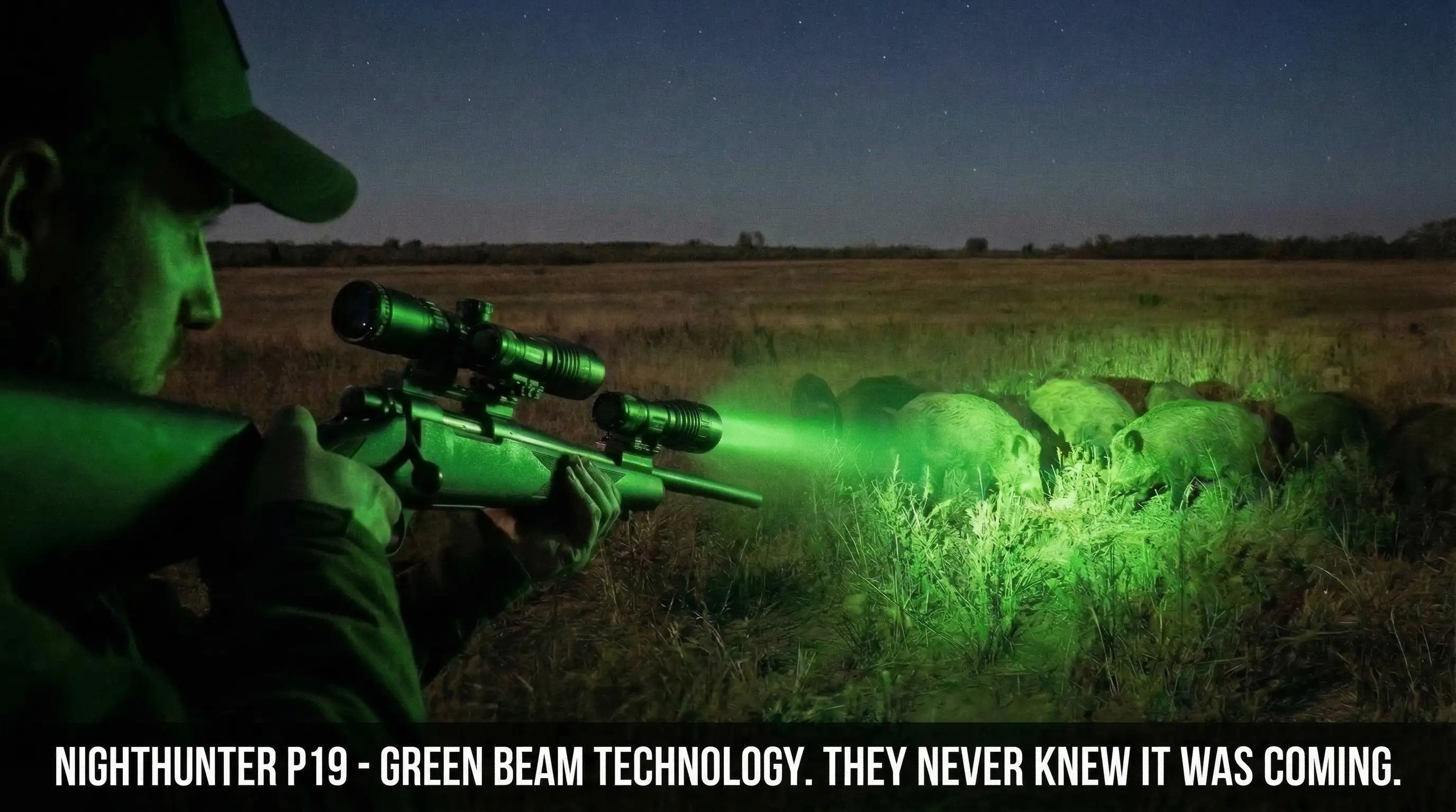 Hunter scanning an open field with a green hunting light while hogs remain undisturbed in the distance