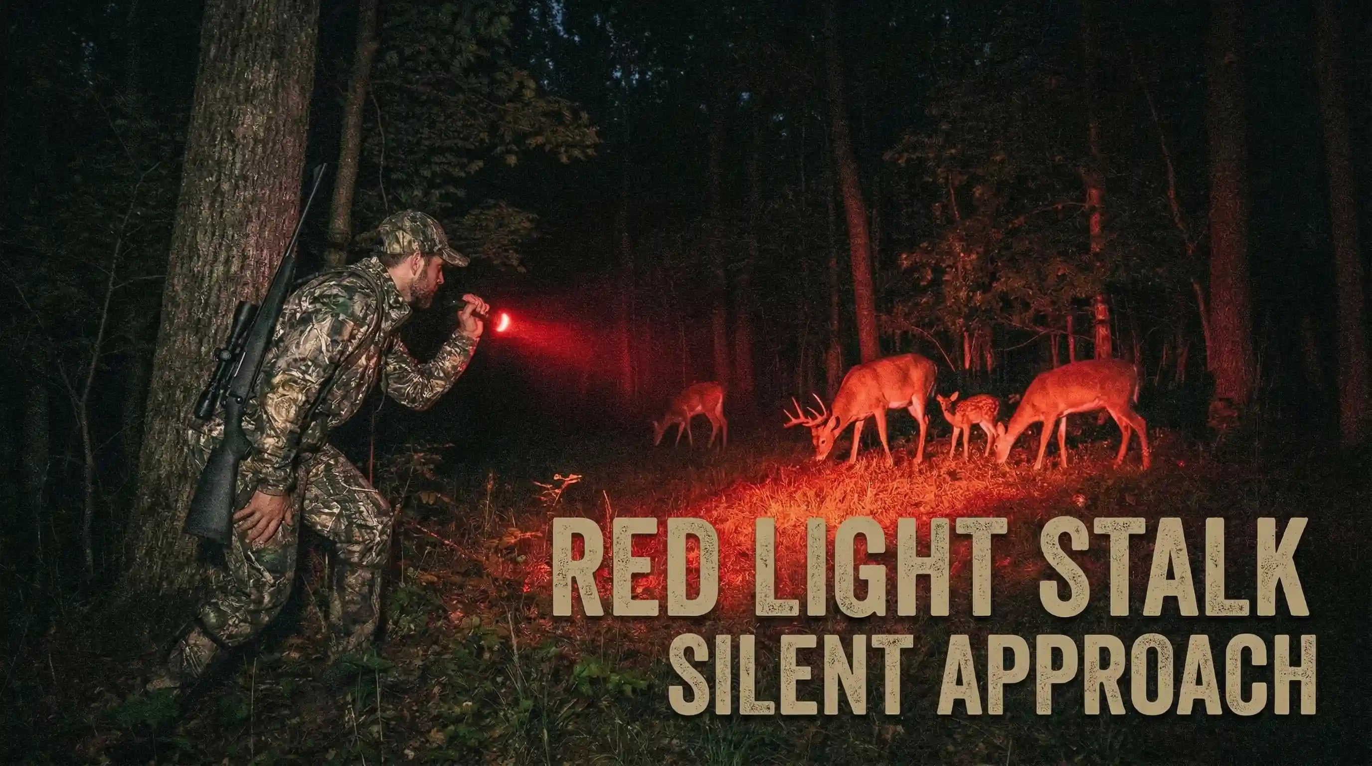 Deer remaining calm while a hunter uses a red hunting light at night during a stealth approach