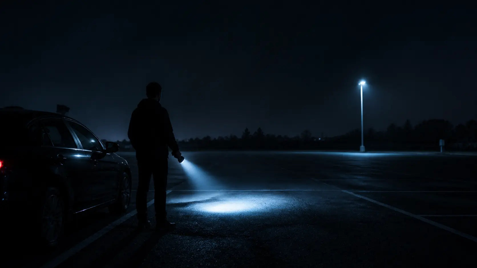 Person standing next to a car in an empty night parking lot, using a flashlight to illuminate the path ahead, emphasizing transitional space awareness