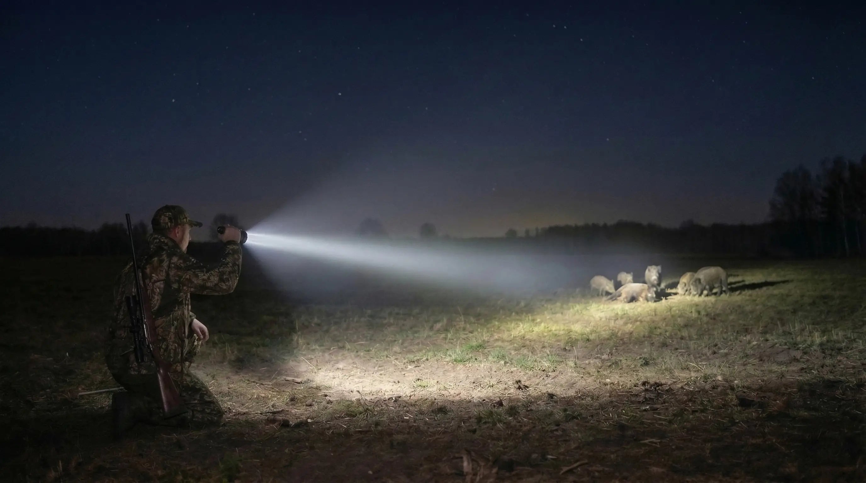 Brief burst of white light used to confirm a target animal before taking a shot at night